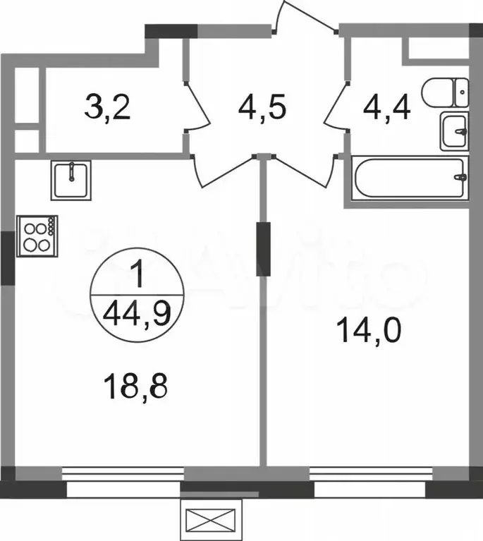 1-к. квартира, 44,9 м, 9/9 эт. - Фото 0