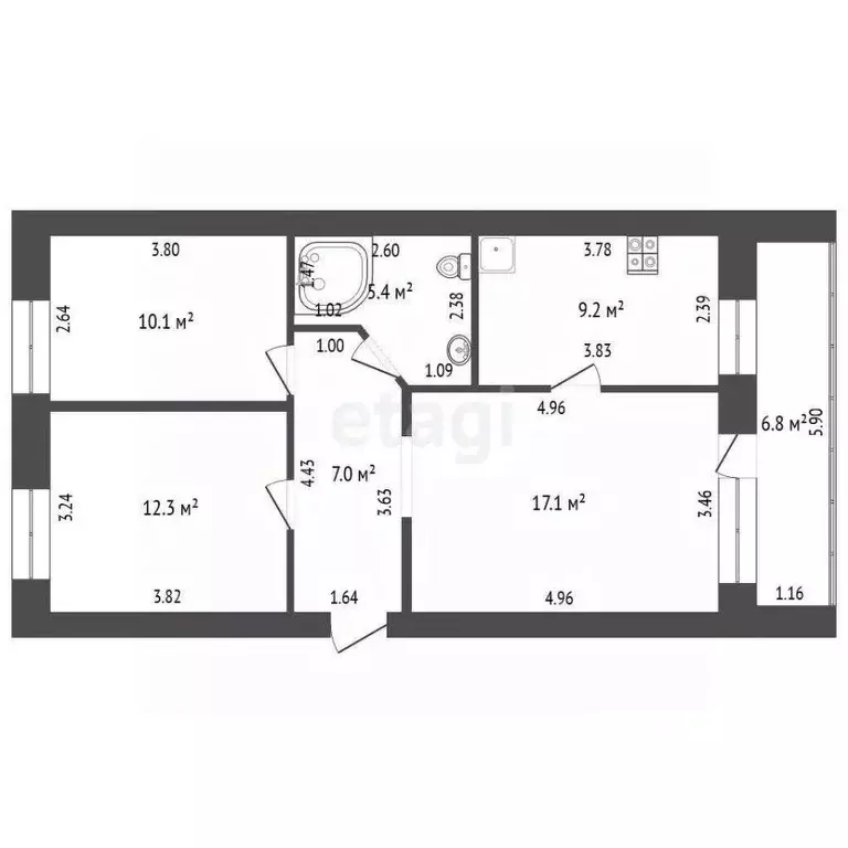 3-к кв. Башкортостан, Стерлитамак ул. Имая Насыри, 1А (61.1 м) - Фото 2