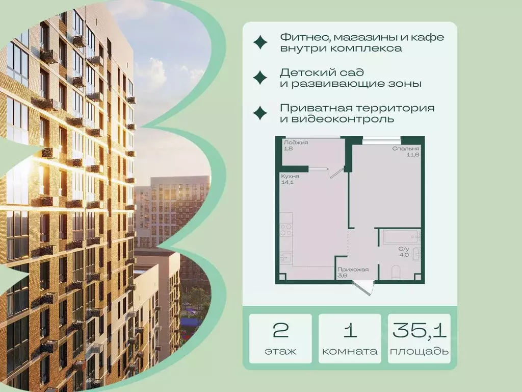 1-к кв. Краснодарский край, Краснодар Ботаника жилой комплекс (35.1 м) - Фото 2