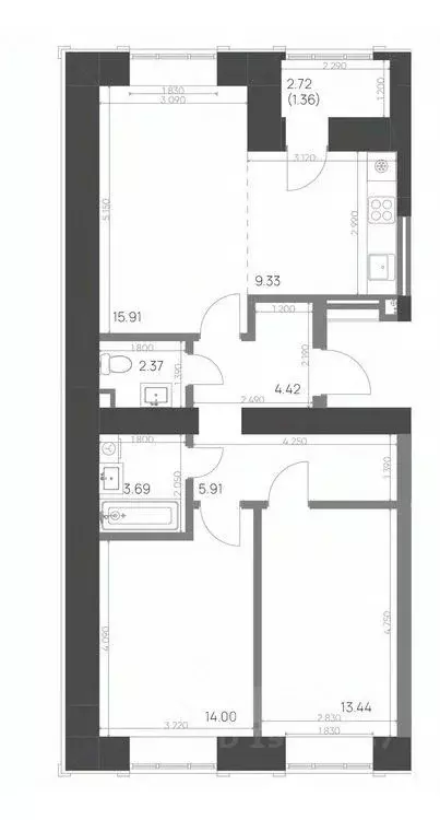 3-к кв. Татарстан, Нижнекамск 15-й мкр,  (70.43 м) - Фото 0