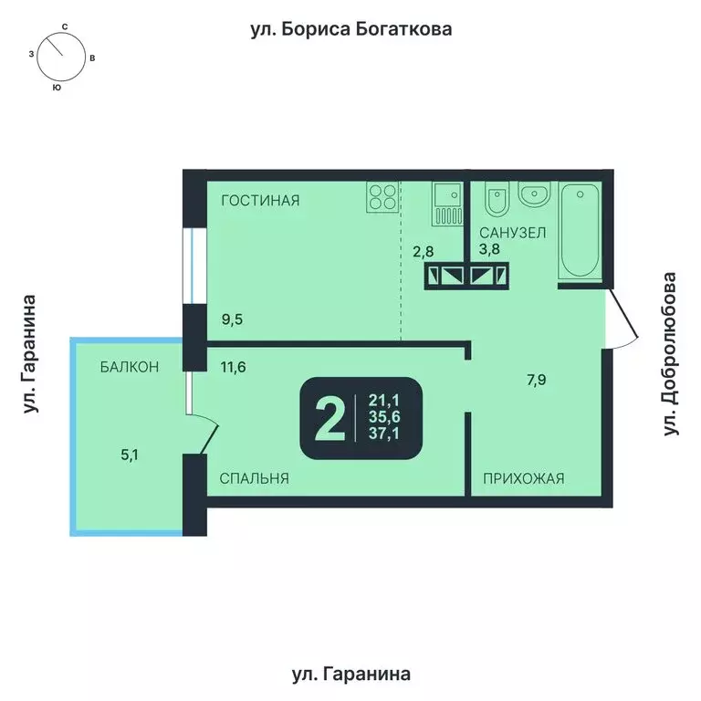 2-комнатная квартира: Новосибирск, ул. Гаранина (37.1 м) - Фото 0