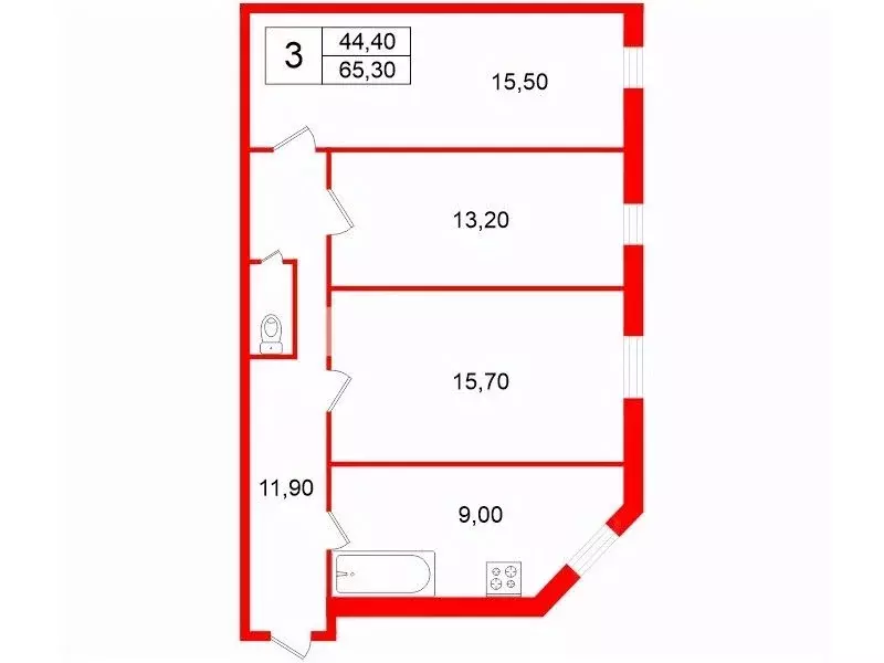 3-к кв. Санкт-Петербург Заозерная ул., 6 (65.3 м) - Фото 1