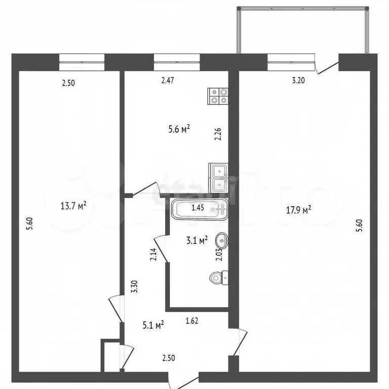 2-к. квартира, 45,6 м, 3/5 эт. - Фото 0