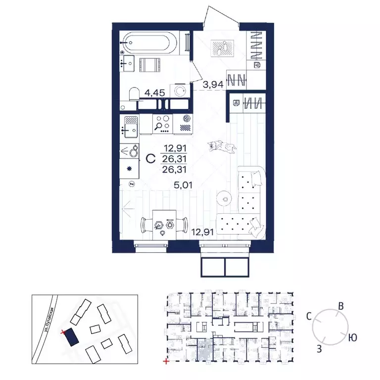 1-комнатная квартира: Тула, ЖК Гармония (26.31 м) - Фото 1