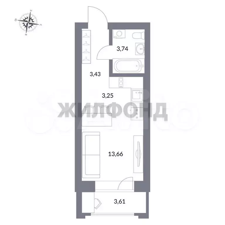 Квартира-студия, 25,3 м, 20/25 эт. - Фото 0