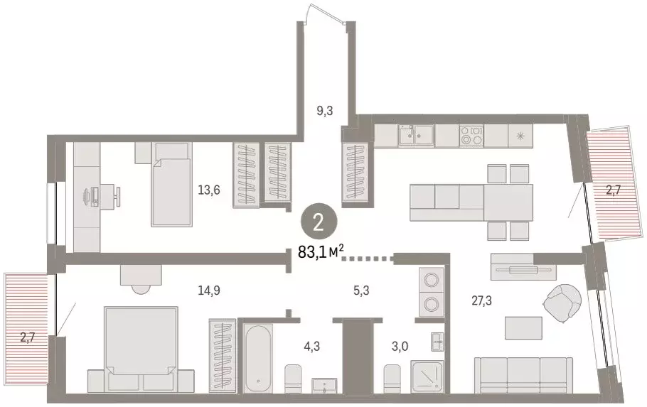 2-комнатная квартира: Тюмень, жилой комплекс Речной Порт (83.1 м) - Фото 1