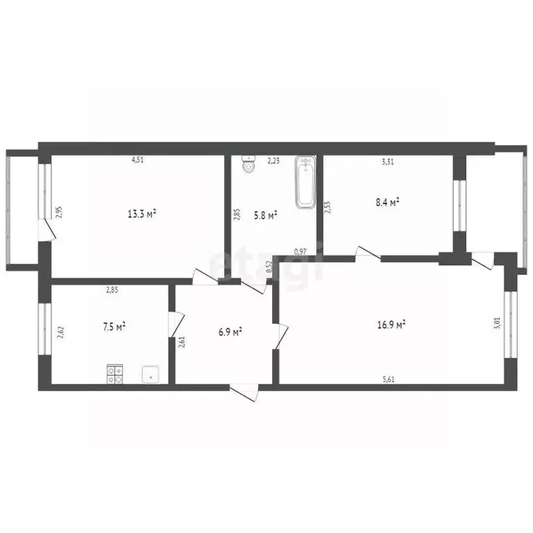 3-к кв. Кемеровская область, Юрга ул. Кирова, 41 (58.8 м) - Фото 1