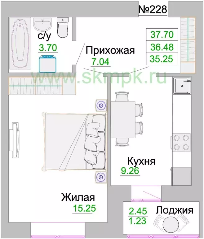 1-к кв. Калининградская область, Зеленоградск  (36.48 м) - Фото 0