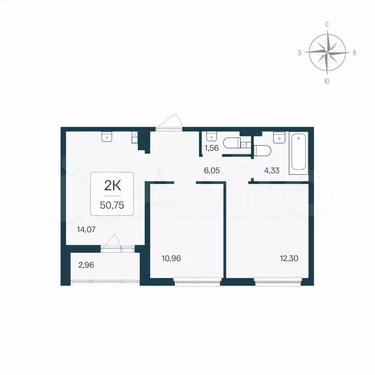 2-к. квартира, 50,8 м, 2/8 эт. - Фото 0
