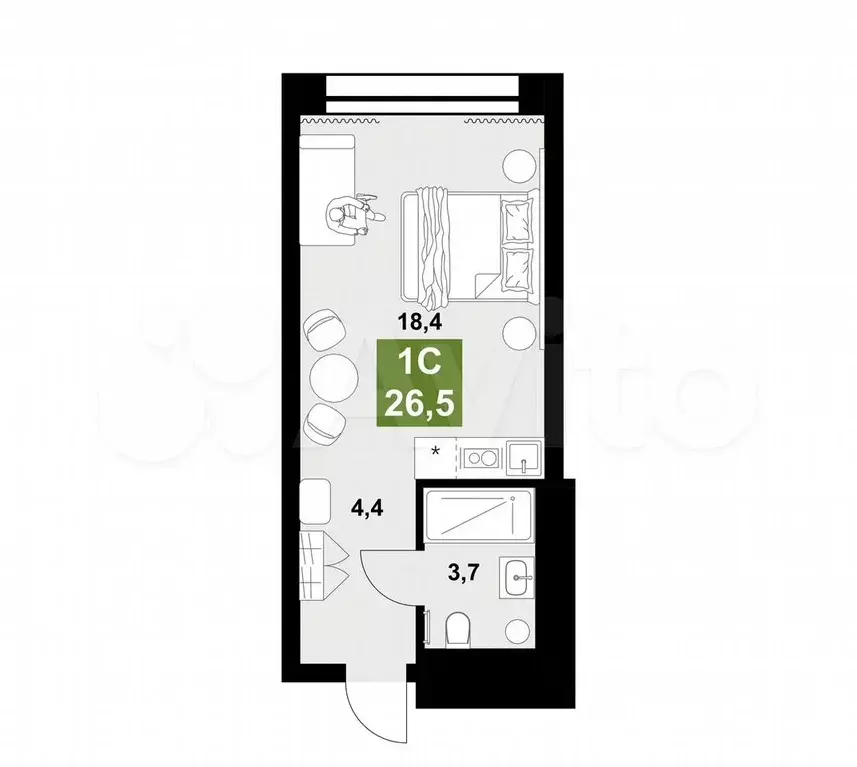 Апартаменты-студия, 26,5 м, 3/15 эт. - Фото 0