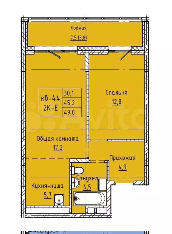 2-к. квартира, 49 м, 4/8 эт. - Фото 0