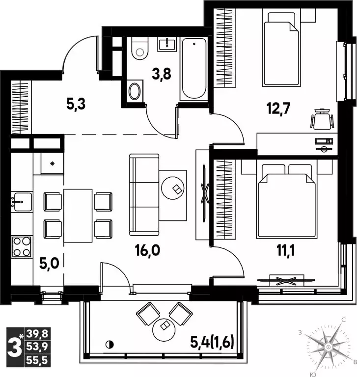 3-комнатная квартира: Кондратово, ЖК Мы (55.5 м) - Фото 0