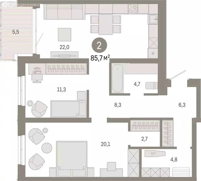 2-комнатная квартира: Екатеринбург, улица Советских Женщин (85.5 м) - Фото 0