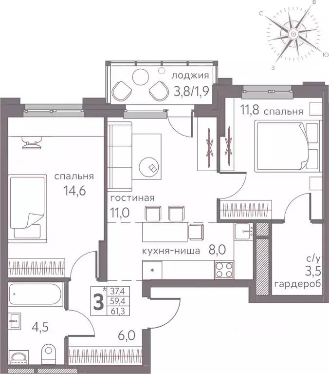 Студия Пермский край, Пермь ул. Серебристая, 3 (61.3 м) - Фото 1