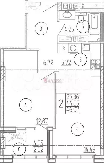 2-к. квартира, 44,1 м, 21/24 эт. - Фото 1