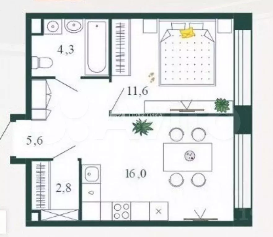 1-к. квартира, 41,8 м, 8/9 эт. - Фото 0