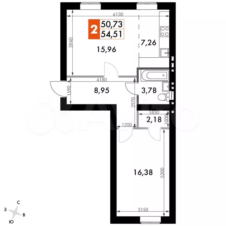 2-к. квартира, 53,5 м, 4/4 эт. - Фото 0