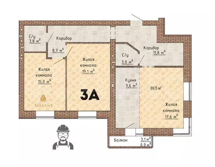3-к. квартира, 89,3 м, 2/8 эт. - Фото 1