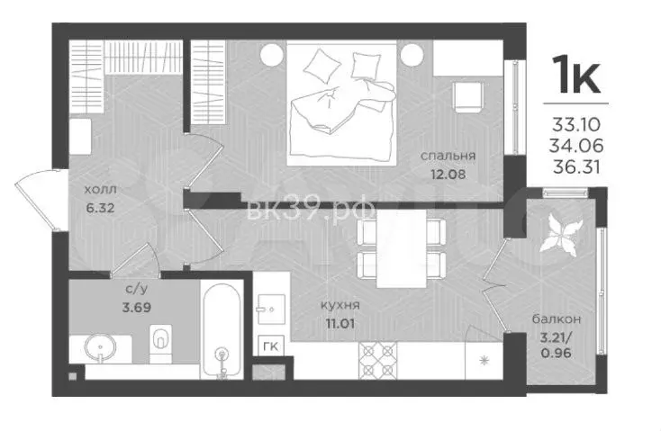1-к. квартира, 34,1 м, 1/4 эт. - Фото 1