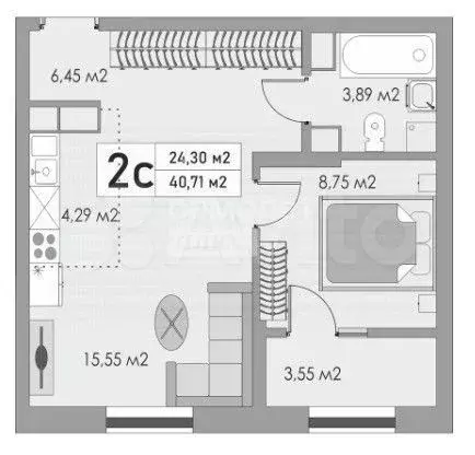 2-к. квартира, 40,7 м, 7/10 эт. - Фото 0