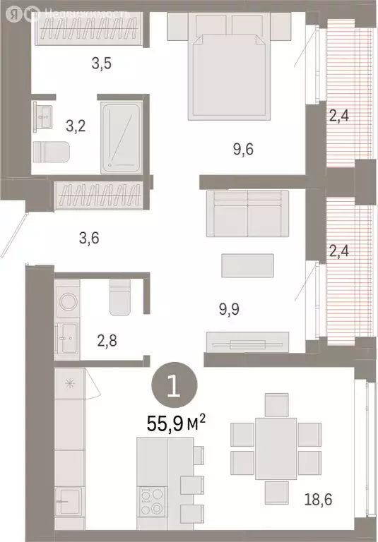 1-комнатная квартира: Тюмень, улица Республики, 205к3 (55.94 м) - Фото 2