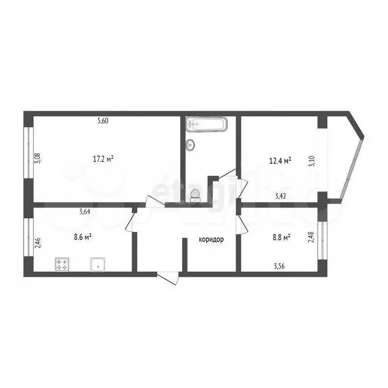 3-к. квартира, 62,6 м, 2/5 эт. - Фото 0