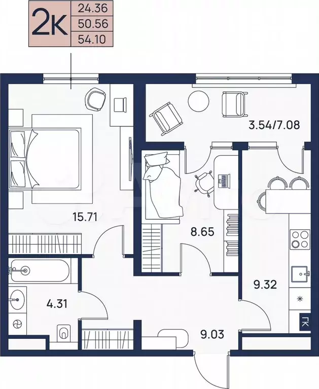 2-к. квартира, 54,1 м, 2/4 эт. - Фото 0