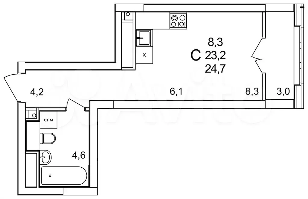 Квартира-студия, 24 м, 23/25 эт. - Фото 1