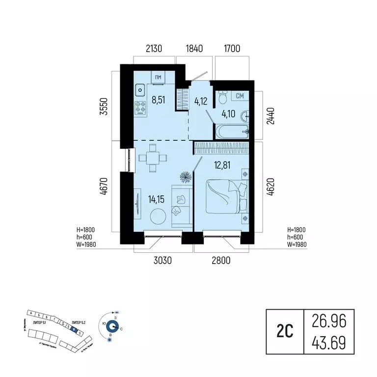 2-комнатная квартира: Уфа, улица Рудольфа Нуреева, 7 (43.69 м) - Фото 1