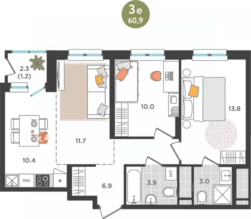 3-к кв. Пермский край, Пермь ул. Куфонина, 1 (60.9 м) - Фото 1