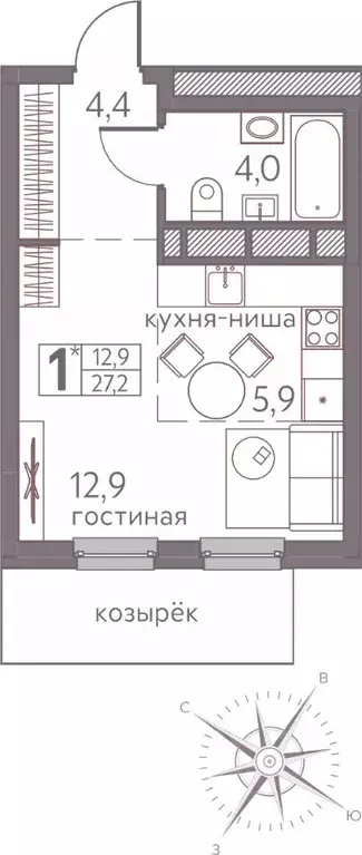 Студия Пермский край, Пермь ул. Серебристая, 3 (27.2 м) - Фото 1