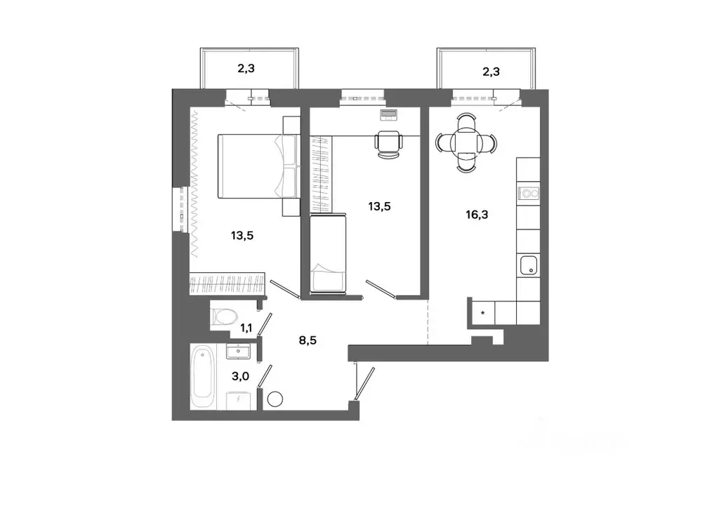 2-к кв. Ханты-Мансийский АО, Сургут ул. Ивана Захарова, 14/1 (57.28 м) - Фото 1