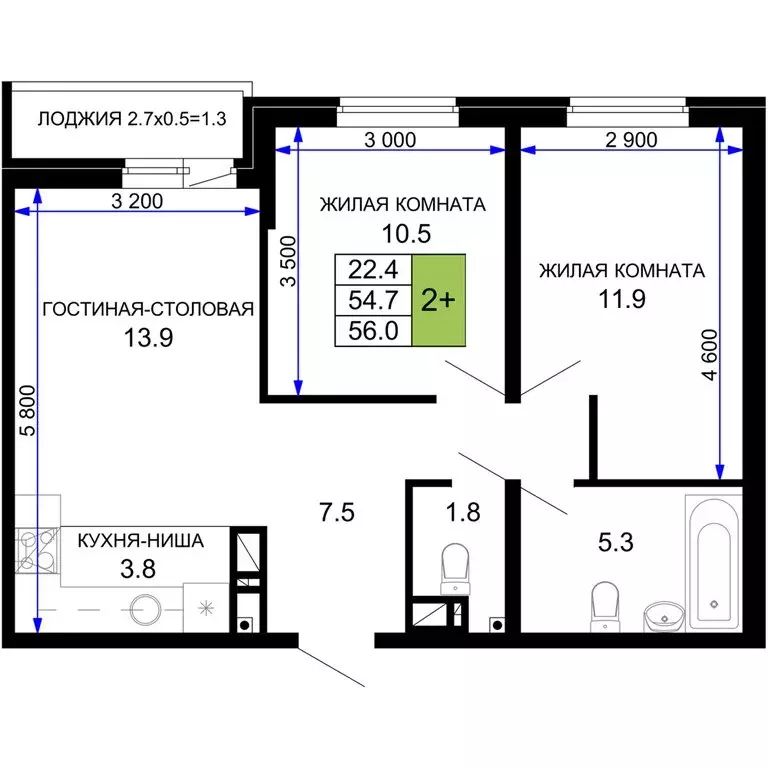 2-комнатная квартира: Краснодар, жилой комплекс Дыхание (56 м) - Фото 0