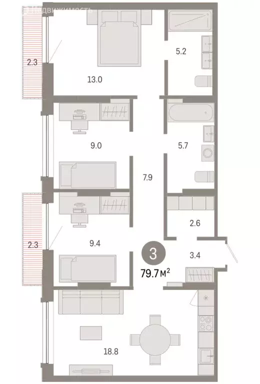 3-комнатная квартира: Тюмень, микрорайон ДОК, ЖК Октябрьский на Туре ... - Фото 2