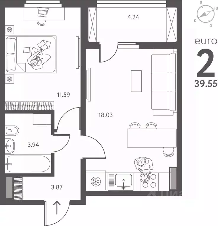 1-к кв. Липецкая область, Липецк ул. Перова, 2Г (39.55 м) - Фото 1
