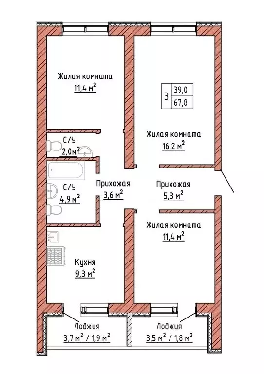 3-комнатная квартира: Самара, Осетинская улица (67.8 м) - Фото 0