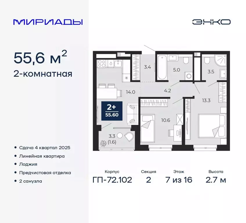 2-к кв. Тюменская область, Тюмень Мириады жилой комплекс (55.6 м) - Фото 0