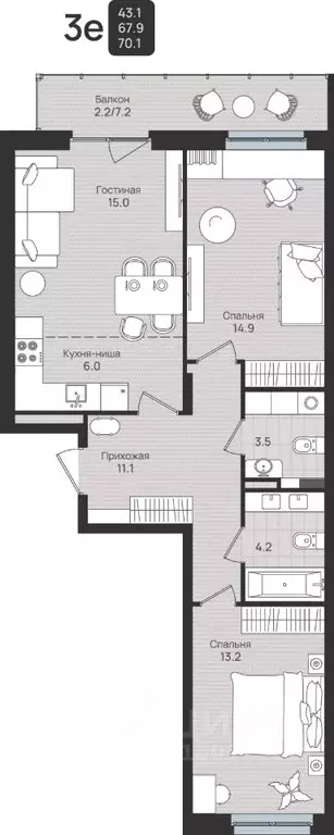3-к кв. Пермский край, Пермь ул. Космонавта Беляева, 210 (70.1 м) - Фото 1