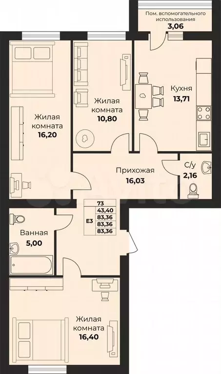 3-к. квартира, 83,4 м, 5/9 эт. - Фото 0