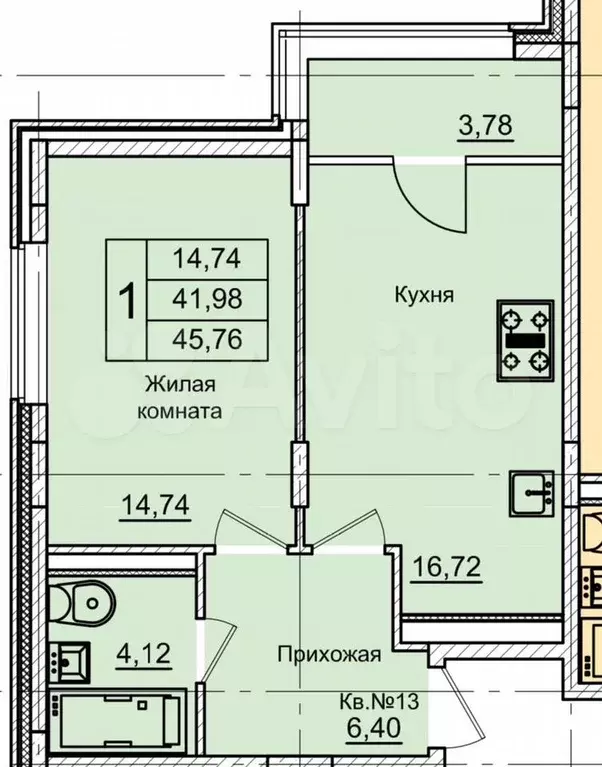 1-к. квартира, 45,8 м, 2/10 эт. - Фото 0