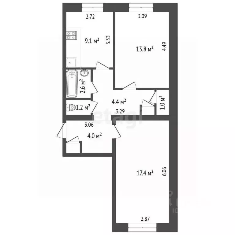 2-к кв. Ямало-Ненецкий АО, Новый Уренгой Сибирская ул., 21А (53.3 м) - Фото 2
