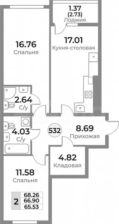 2-к. квартира, 70 м, 7/10 эт. - Фото 1