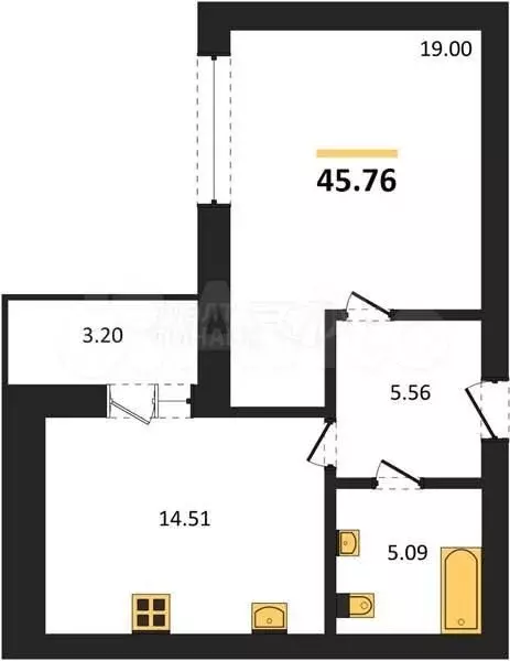 1-к. квартира, 45,8 м, 7/9 эт. - Фото 1