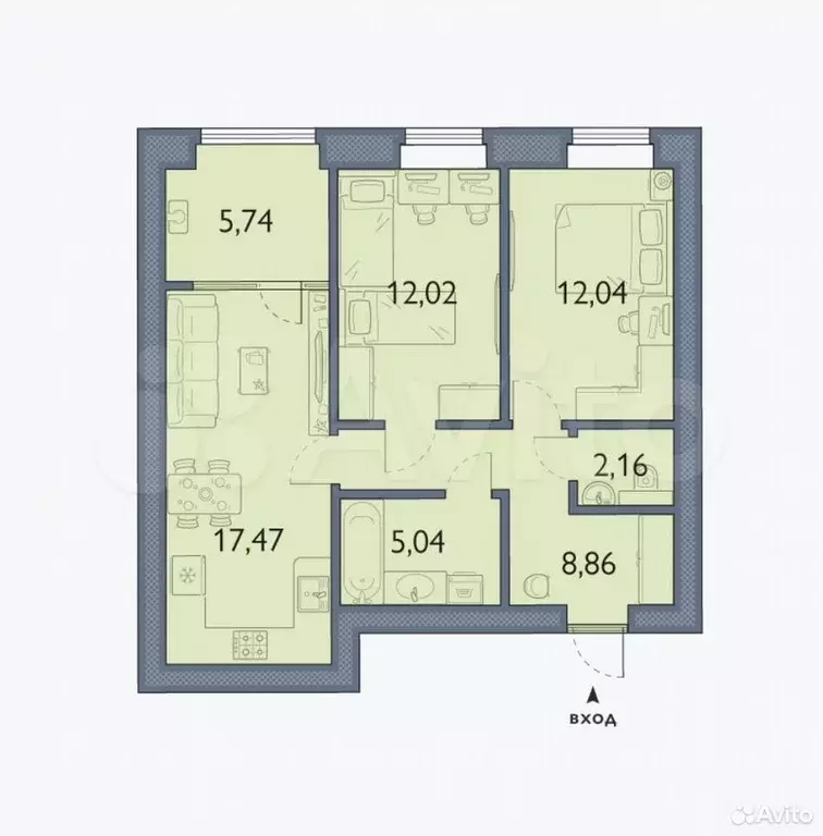 2-к. квартира, 63,3 м, 1/6 эт. - Фото 1