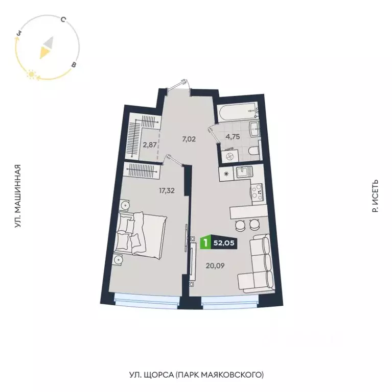 1-к кв. Свердловская область, Екатеринбург ул. Машинная, 1В/4 (52.05 ... - Фото 0