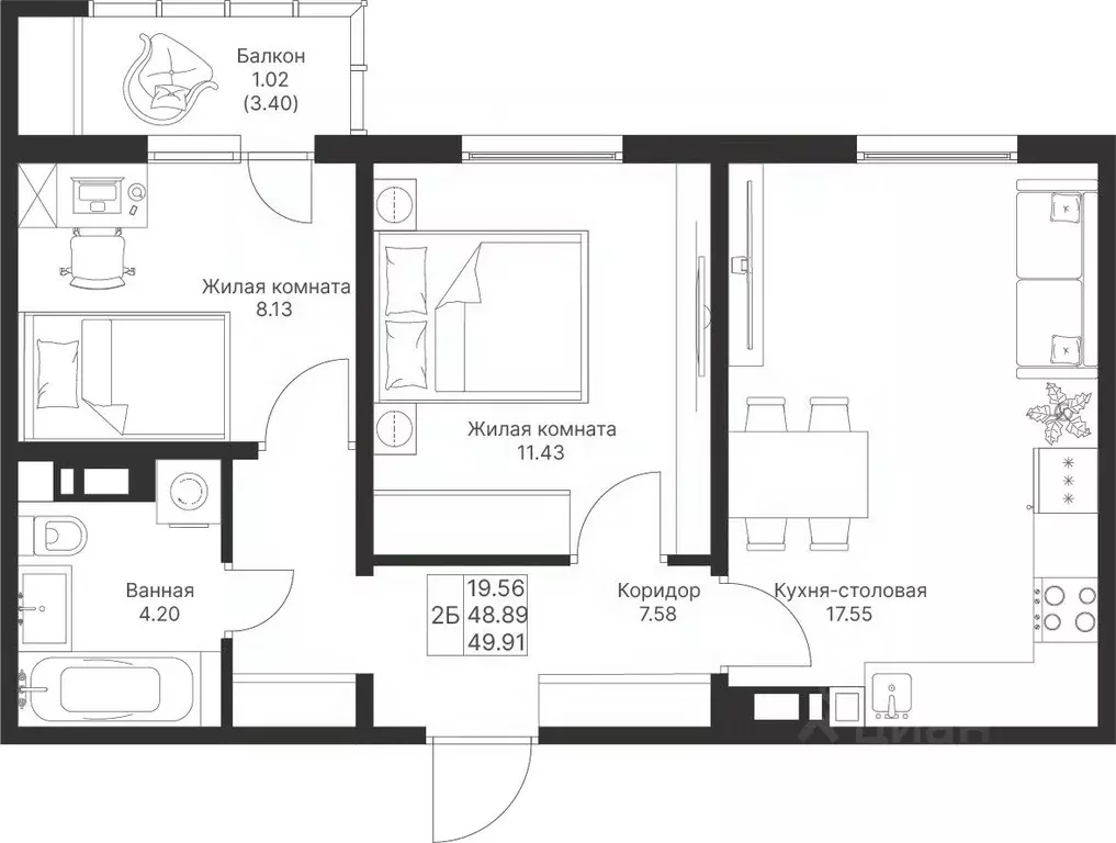 2-к кв. Татарстан, Лаишевский район, Столбищенское с/пос, с. Усады  ... - Фото 1