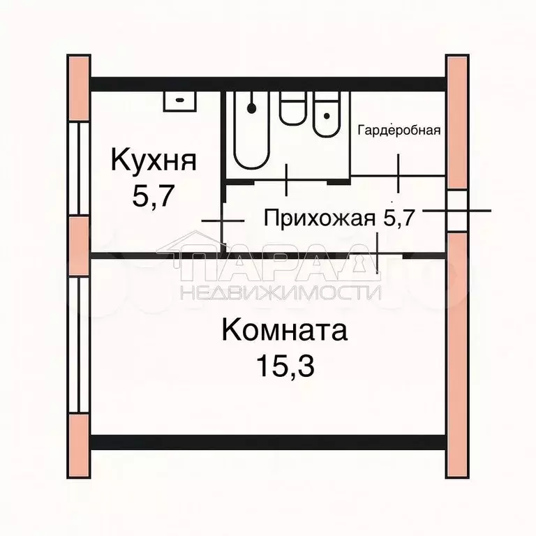 1-к. квартира, 29,6 м, 3/5 эт. - Фото 0