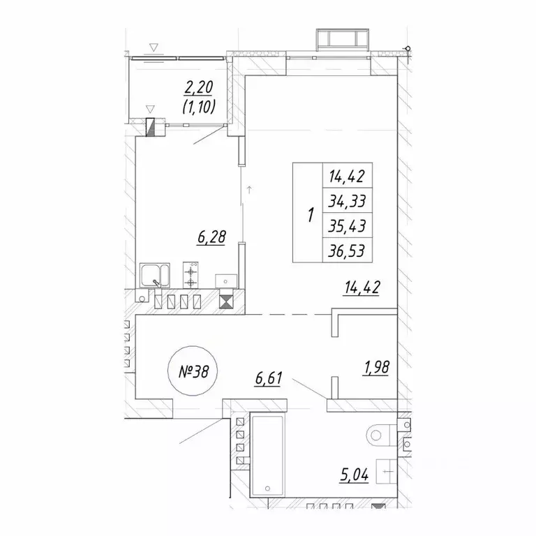 1-к кв. Калининградская область, Зеленоградск  (35.43 м) - Фото 2