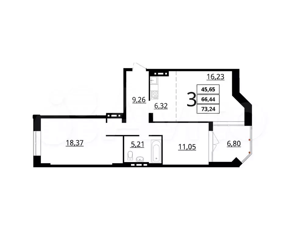 3-к. квартира, 73,2 м, 4/4 эт. - Фото 1