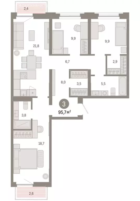 3-комнатная квартира: Тюмень, Мысовская улица, 26к2 (95.68 м) - Фото 2